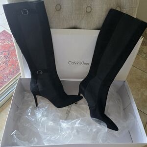 Calvin Klein Women's Black SUEDE &Side-fit Elastic High Heeled Boots, Buckles 8M